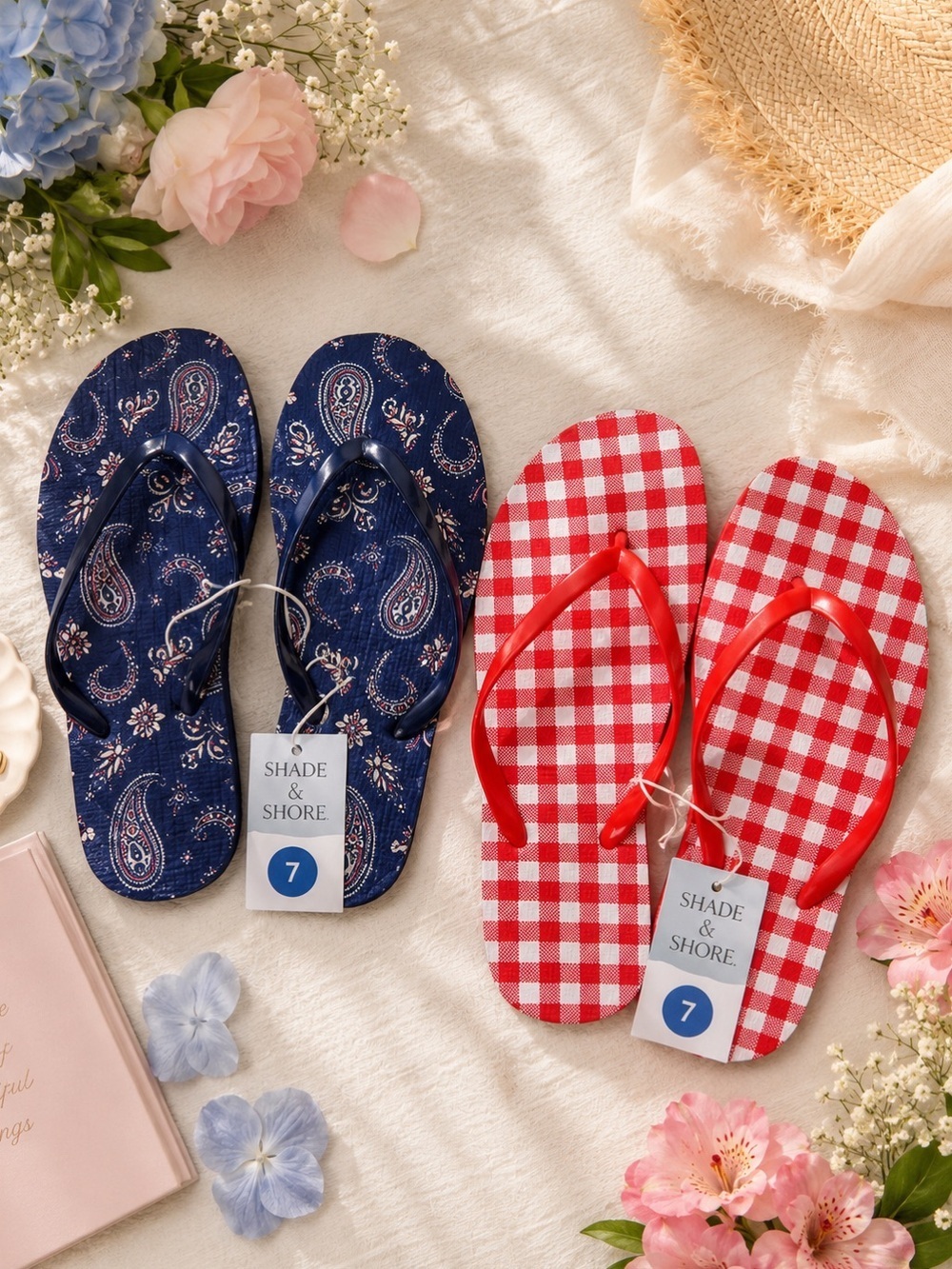 **TWO PAIRS**Shade & Shore Flip Flops Red & White Gingham Blue Bandana Sz. 7 NWT